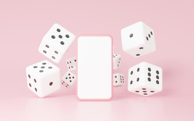3d rendering white dice minimal style floating and smartphone with touch screen blank or white for advertising gaming, playing on pink pastel background. Composition template concept