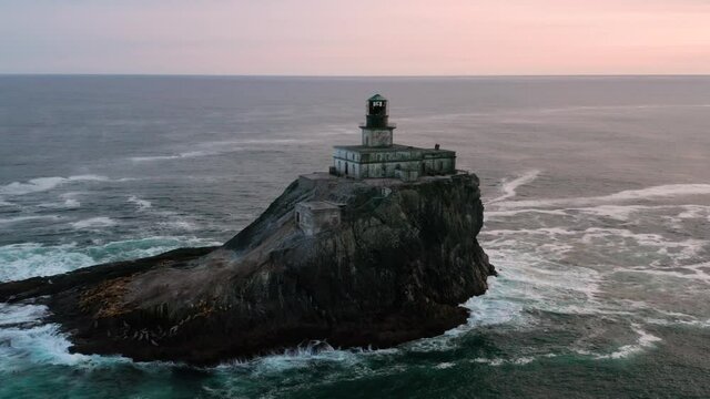 Aerial Orbit View in 4K of Oregon Coast Lighthouse Terrible Tilly in the Pacific Northwest
