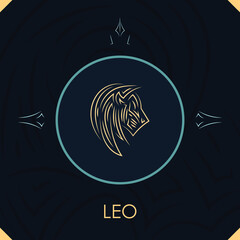 Leo horoscope sign in twelve zodiac with abstract stars background, line art graphic