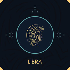 Libra horoscope sign in twelve zodiac with abstract stars background, line art graphic