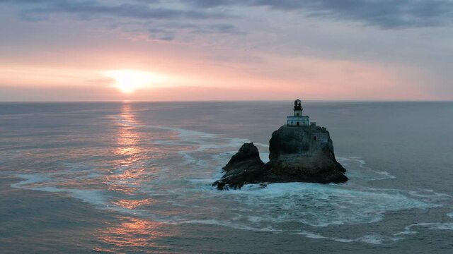 4K Tillamook Rock Isolated Lighthouse Oregon Coast Aerial Terrible Tilly Pacific Northwest