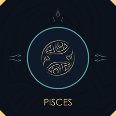 Pisces horoscope sign in twelve zodiac with abstract stars background, line art graphic