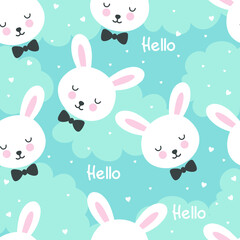 Seamless pattern, Kawaii bunnies, hearts, lettering hello, clouds. 