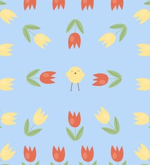 Easter pattern on a gentle blue background, with tulips and chicken.