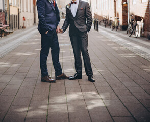 Homosexual newlyweds celebrating happy wedding day wearing black and blue suits.