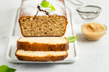 Vegan spicy coconut apple sauce cake. Space for text.
