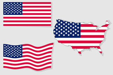 A set of American flags.US flags in different angles.Realistic vector illustration.