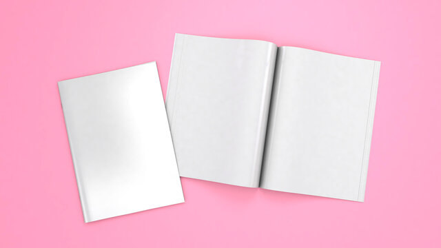 Open magazine mockup. Blank magazine template for copy space. Empty space in cover. Pink background. 3d render