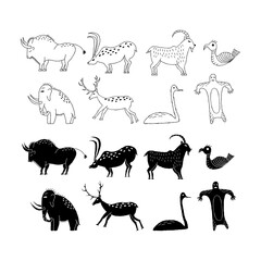 A set of animals from rock art. Prehistoric drawings. Simple style, line art. Outline.