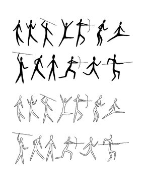A set of man from rock art. Prehistoric drawings. Simple style, line art. Outline.
