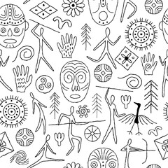 Seamless pattern with decorative elements and man from rock art. Prehistoric drawings. Outline.