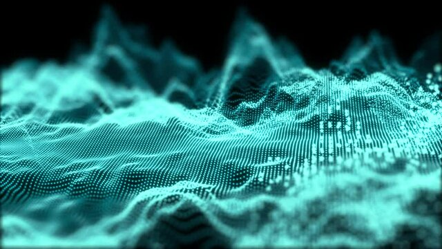 Abstract blue particles grid moving on dark background.4k concept video about digital technology innovation.