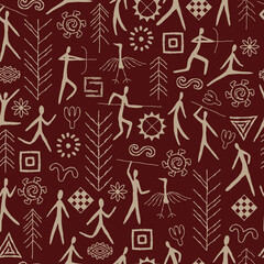 Seamless pattern with decorative elements and man from rock art. Prehistoric drawings. Outline.