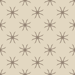 Simple floral geometric seamless pattern. Elegant vector ornament texture with flower silhouettes, crosses. Stylish ornamental background. Brown and beige color. Old style design. Repeatable pattern