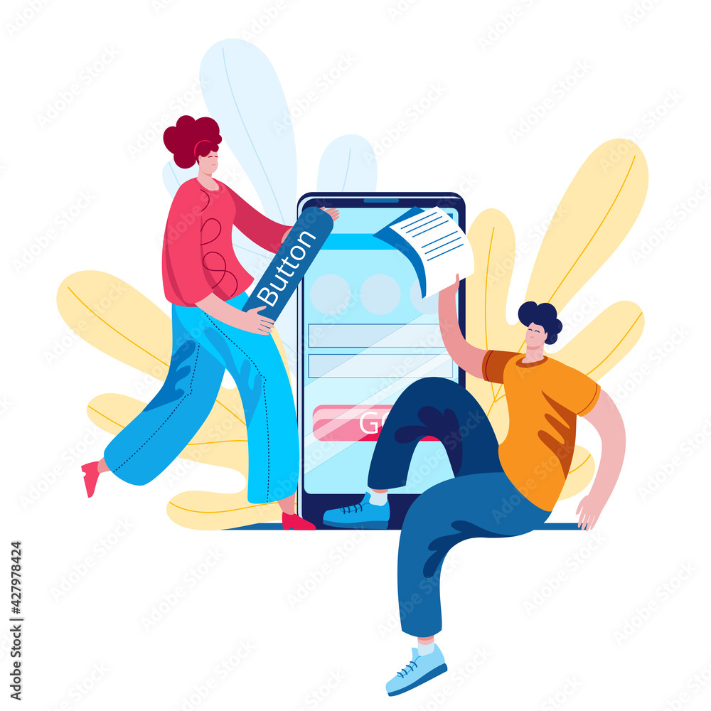 Aufkleber a team of developers creates a mobile app. the concept of a vector illustration in a flat style on t