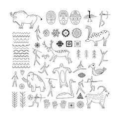 A set of decorative elements from rock art. Prehistoric drawings. Outline.