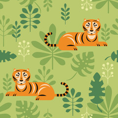 Seamless pattern with tigers and tropical leaves, green background