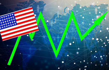 USA flag, upward rising arrow, graphs and charts. Economic recovery
