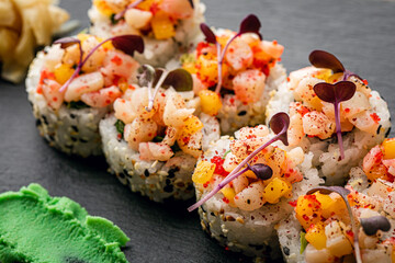  sushi with sesame seeds, close-up. Japan food