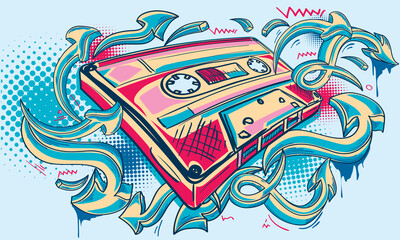 Music design - funky drawn audio cassette and graffiti arrows