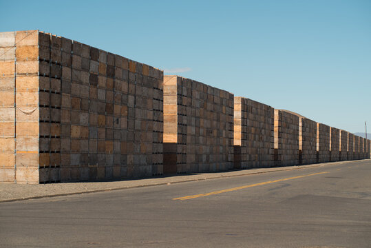 Rows Of Stacked Wooden Fruit Bins In The Warehouse District In Downtown Yakima Washington Apple Industtry