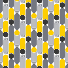 Geometric seamless pattern. Abstract background yellow, grey circles. Colorful ornament with rounded shapes. Repeating texture. Vector illustration. Design paper, wallpaper, textile, fabric.