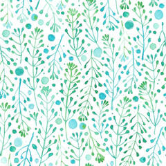 Pattern of flowers and grasses painted with watercolors on white background. Green leaves and flowers on a white background.