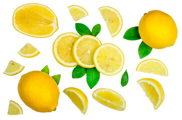 Lemons with leaves and slices isolated on white background. Flat lay, top view