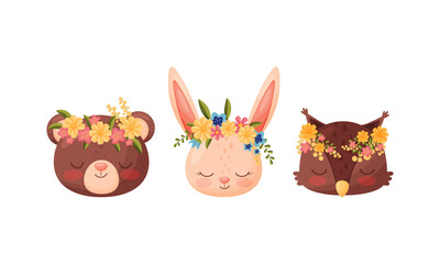 Fototapeta premium Cute Animal with Floral Wreaths on Their Head Vector Set