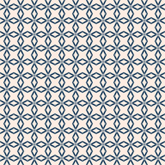 Abstract geometric seamless pattern. Simple vector texture with linear shapes, rhombuses, diamonds, line grid. Stylish modern dark blue and beige colored background. Repeat design for fabric, print