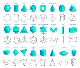 Set of vector realistic 3D blue geometric shapes isolated on white background. Mathematics of geometric shapes, linear objects, contours. Platonic solid. Icons, logos for education, business, design - obrazy, fototapety, plakaty