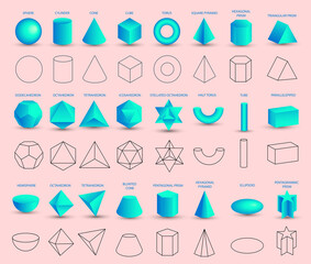 Set of vector realistic 3D blue geometric shapes isolated on pink background. Mathematics of geometric shapes, linear objects, contours. Platonic solid. Icons, logos for education, business, design - obrazy, fototapety, plakaty