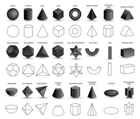 Set of vector realistic 3D black geometric shapes isolated on white background. Mathematics of geometric shapes, linear objects, contours. Platonic solid. Icons, logos for education, business, design - obrazy, fototapety, plakaty