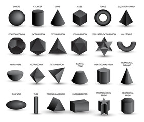 Vector realistic 3D black geometric shapes isolated on white background. Maths geometrical figure form, realistic shapes model. Platon solid. Geometric icons, logos for education, business, design. - obrazy, fototapety, plakaty