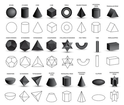Set of vector realistic 3D black geometric shapes isolated on white background. Mathematics of geometric shapes, linear objects, contours. Platonic solid. Icons, logos for education, business, design
