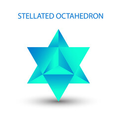 Vector blue Stellated Octahedron, also called Stella octangula, and Polyhedra Hexagon, geometric polyhedral compounds on a white background with a gradient for game, icon, logo, mobile, ui, web. - obrazy, fototapety, plakaty