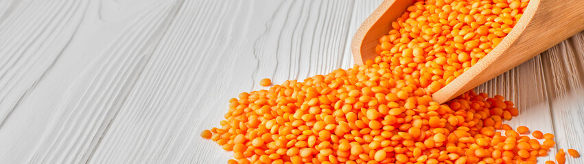 Scoop with red lentils with copy space banner