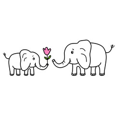 Baby elephant gives pink flower to elephant mom. Cute hand drawn vector doodle illustration isolated on white background. Can be used for design Happy Mothers Day, Birthday greeting card.