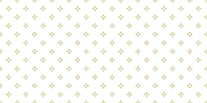 Golden vector seamless pattern with small diamonds, star shapes, rhombuses. Abstract gold and white geometric texture. Simple minimal wide repeat background. Luxury design for decor, wallpaper, web