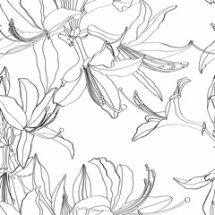 Seamless pattern with hand drawn rhododendron flowers. Botanical hand drawn black and white contour illustration for greeting card, invitation, print, textil.