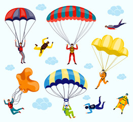 Collection of parachutists and skydivers isolated on white background. Flat vector set of professional skydivers. Extreme sport