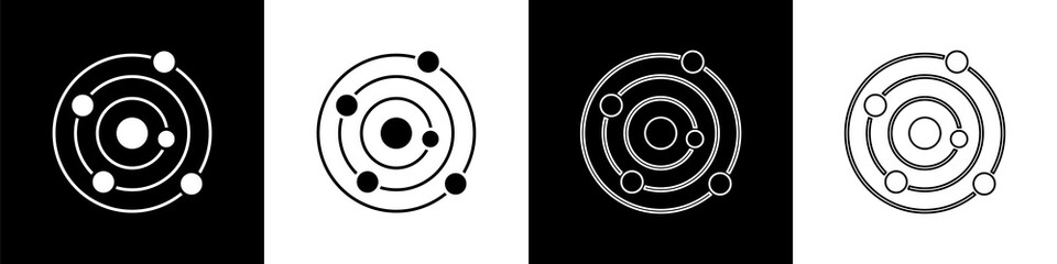 Set Solar system icon isolated on black and white background. The planets revolve around the star. Vector © Vadim