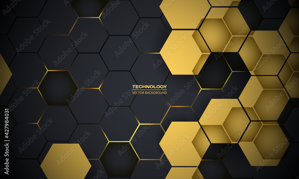 Poster Dark gray and yellow hexagonal technology abstract vector background. Yellow bright energy flashes under hexagon in futuristic modern technology background. Dark honeycomb texture grid.
