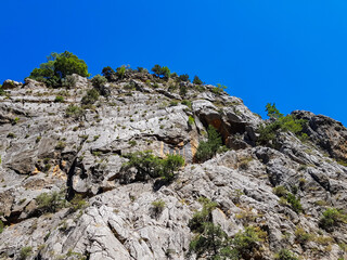 Seascape against the backdrop of mountains on a cloudless sunny day.