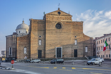 Fototapeta na wymiar Architectural fragments of Padua Abbey of St. Justina (Abbazia di Santa Giustina - X century Benedictine abbey complex) in front of Prato della Valle square. Padua, Veneto, Italy, Europe.