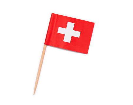 Paper flag of Switzerland on wooden toothpick isolated on white