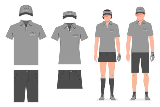 Golf clothes. Men's and women's t-shirt design template, cap and shorts. Sports uniform
