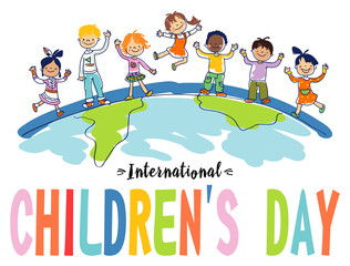 International Children's Day - June 1. The image of funny children of different nationalities on the globe.