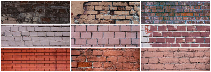 Collection of panoramic backgrounds with brick walls. Surfaces of old weathered rough masonry. Set...