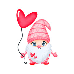 Illustration of cute cartoon valentine's day gnome in love isolated on white background